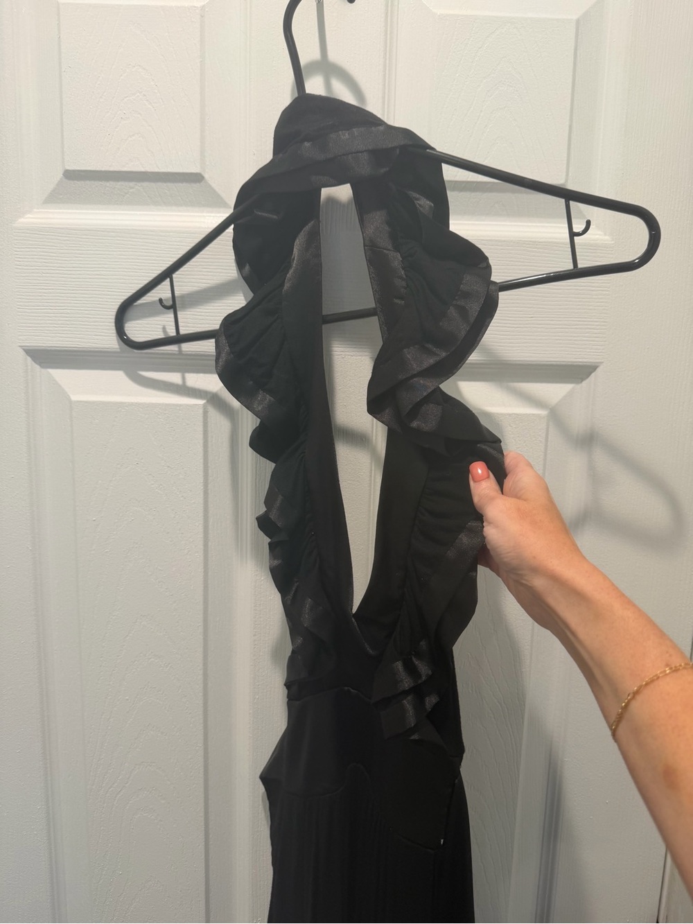 2B Bebe Black One-Shoulder Ruffle Halter Dress with Deep V